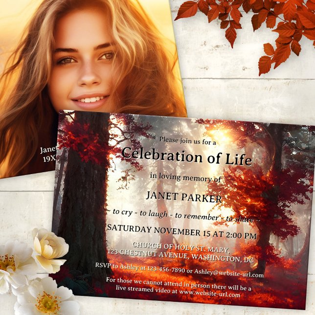 Fall Forest Memorial Firande of Life Photo Inbjudningar (Magical memorial or celebration of life service invitation featuring a sunlit colorful fall forest)