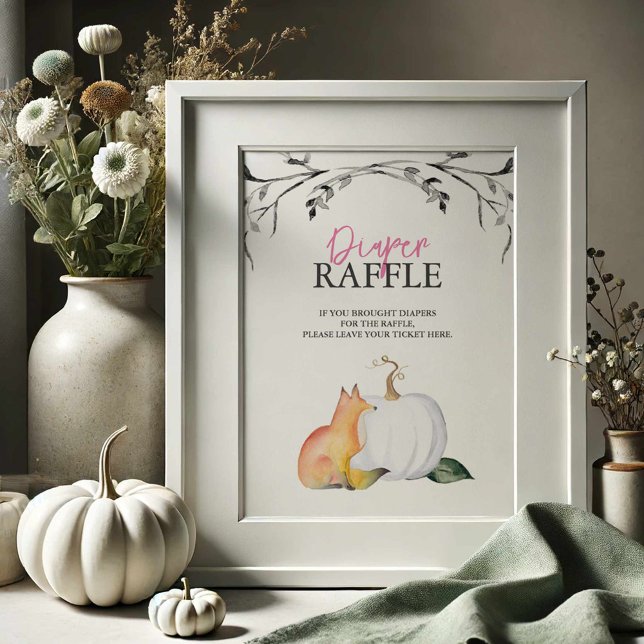 Fall Fox och Pumpkin Diaper Raffle Baby Shower Poster (Baby shower posters fall theme watercolor fox and pumpkin by Victoria Grigaliunas of Do Tell A Belle)