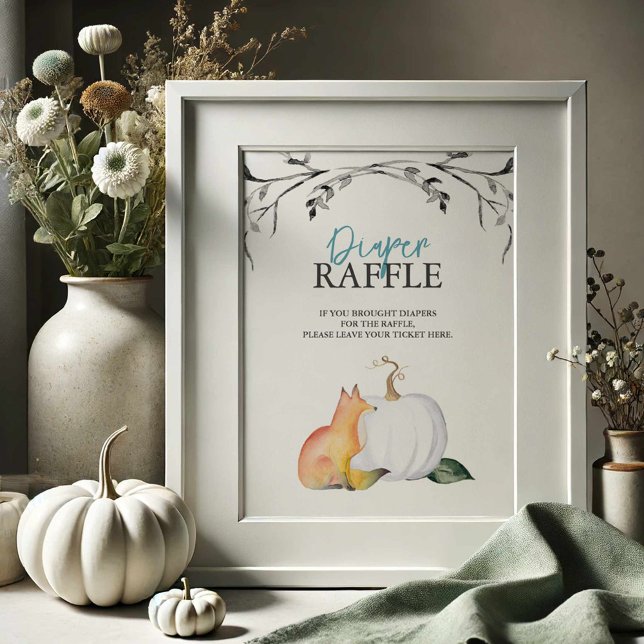 Fall Fox och Pumpkin Diaper Raffle Baby Shower Poster (Baby shower posters fall theme watercolor fox and pumpkin by Victoria Grigaliunas of Do Tell A Belle)