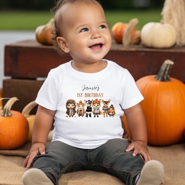 Fall Friends Cute Animals 1:a födelsedagen Namn T Shirt (Fall Friends Cute Animals 1st Birthday Name Baby T-Shirt)