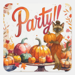 Fall Friendsgiving Party för Cat Lovers Fyrkantigt Klistermärke