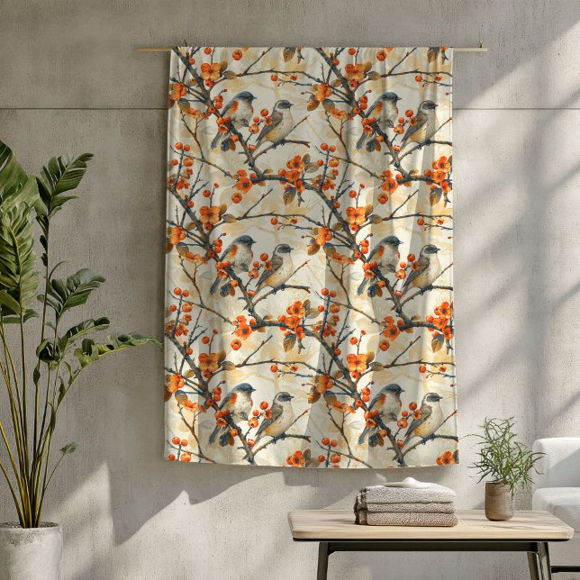 Fall Garden Birds and Blommars Orange Brown Copper Fleecefilt (Fall Garden Birds and Blossoms Orange Brown Copper Fleece Blanket)