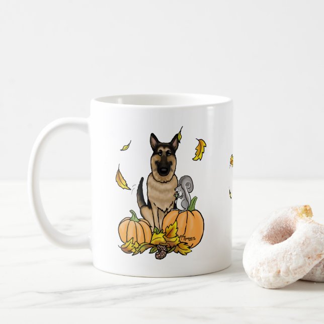 Fall German Shepherd Hund (svart tan) Pumpkins Cut Kaffemugg (Med munk)
