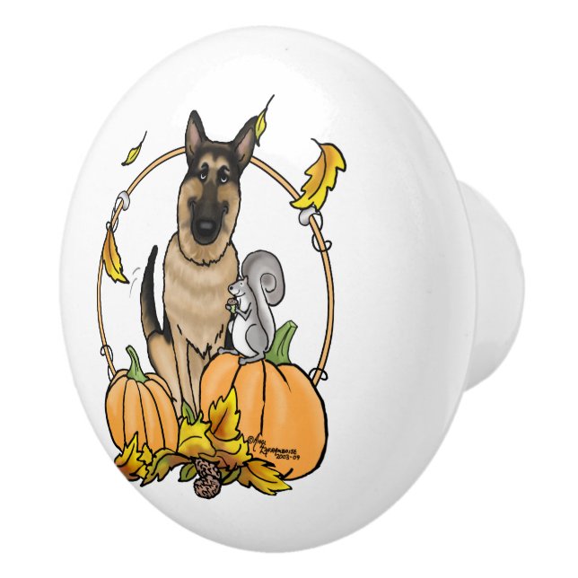 Fall German Shepherd Hund (svart tan) Pumpkins Cut Knopp (Höger)