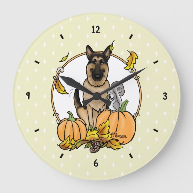 Fall German Shepherd Hund (svart tan) Pumpkins Cut Stor Klocka (Framsida)