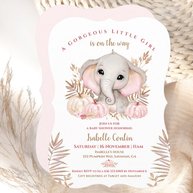 Fall Girl Elephant Pumpkins Baby Shower-inbjudan Inbjudningar (Fall Girl Elephant Pumpkins Baby Shower Invitation)