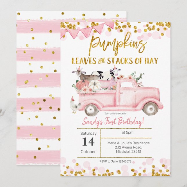 Fall Girl Farm Rosa Pumpkin Lastbil Birthday Inbjudningar (Fram/baksida)