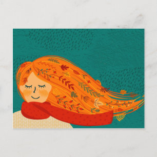 Fall Girl Red Scarf Vykort
