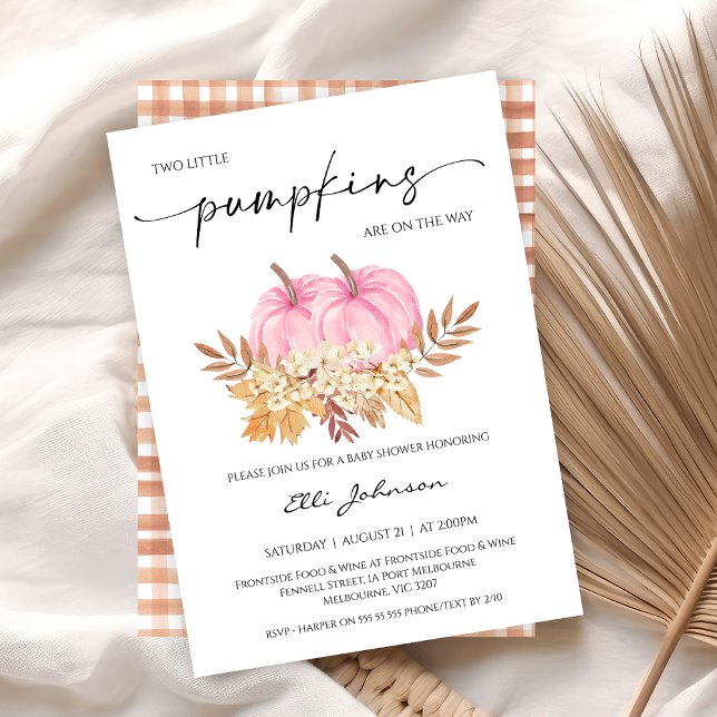 Fall Girls Twillingars Two Rosa Pumpkins Baby Show Inbjudningar (Twin Girls Little Pumpkin Baby Shower Invitation, Fall Twins Baby Shower Invite, Autumn Baby Shower)