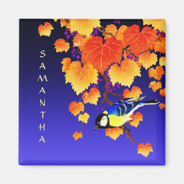 Fall Grapine Vine Underbar Tit Bird Orange Löv Blu Magnet