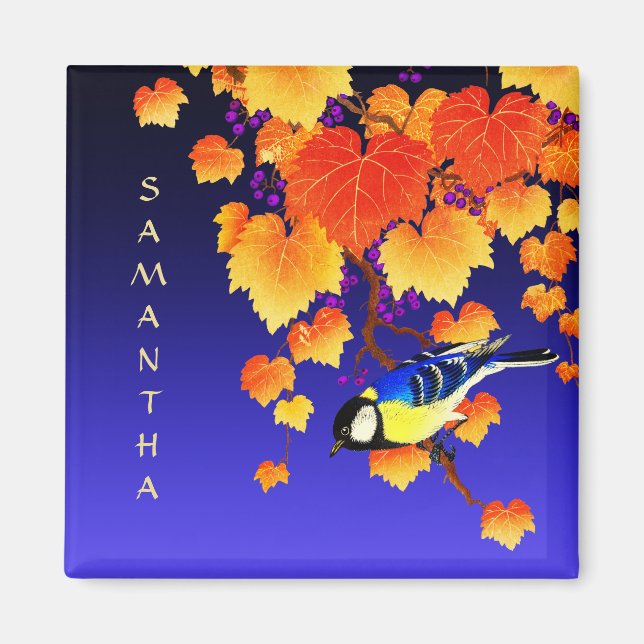 Fall Grapine Vine Underbar Tit Bird Orange Löv Blu Magnet (Framsidan)