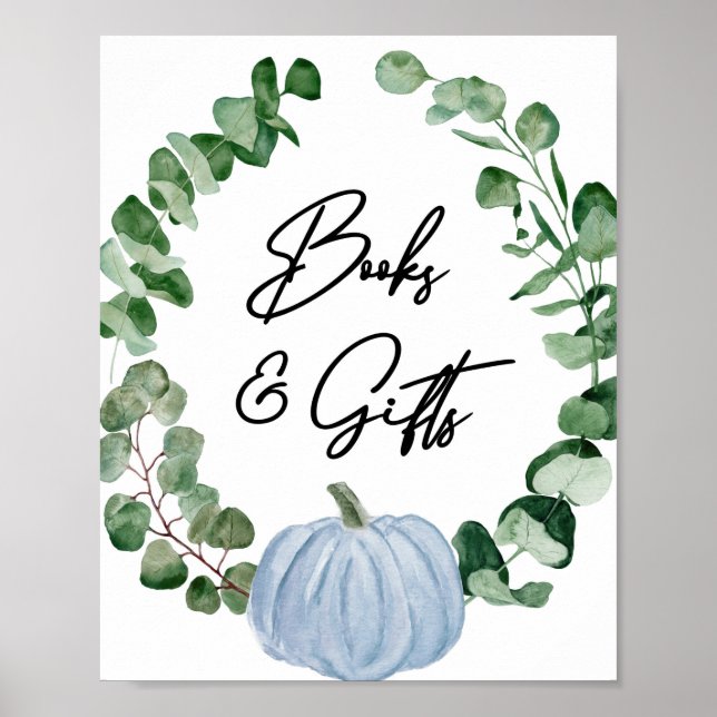 Fall Greenery Blue Pumpkin Bokar och Gifts Sign Poster (Framsidan)