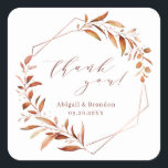 Fall Greenery Geometric Tack Rustic Bröllop Fyrkantigt Klistermärke<br><div class="desc">Rustik vattenfärg faller botaniskt bladgrönt med faux kopparfolie löv och geometriskt ram,  och trendig tack för att du skriker,  enkelt och elegant,  underbart för fallande rustiskt bröllop,  botaniskt trädgårdsbröllop på vintern. Visa alla matchande delar i samlingen</div>