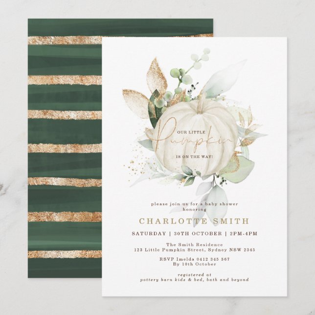 Fall Greenery Guld Pumpkin Par Baby Shower Inbjudningar (Fram/baksida)