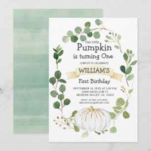 Fall Greenery Pumpkin Boy First Birthday Inbjudningar