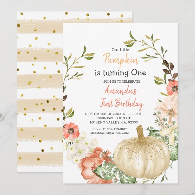 Fall Guld Glitter Pumpkin 1:a födelsedagsinbjudan Inbjudningar (Fram/baksida)