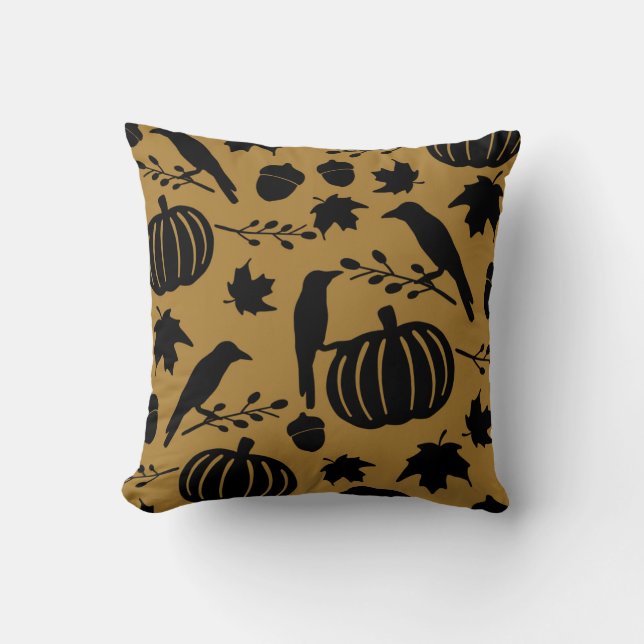 Fall Guld Orange Gult Black Kråka Höstpump Pumpkin Kudde (Framsida)