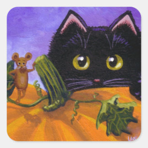 Fall Halloween Black Cat Mouse Creationarts Fyrkantigt Klistermärke
