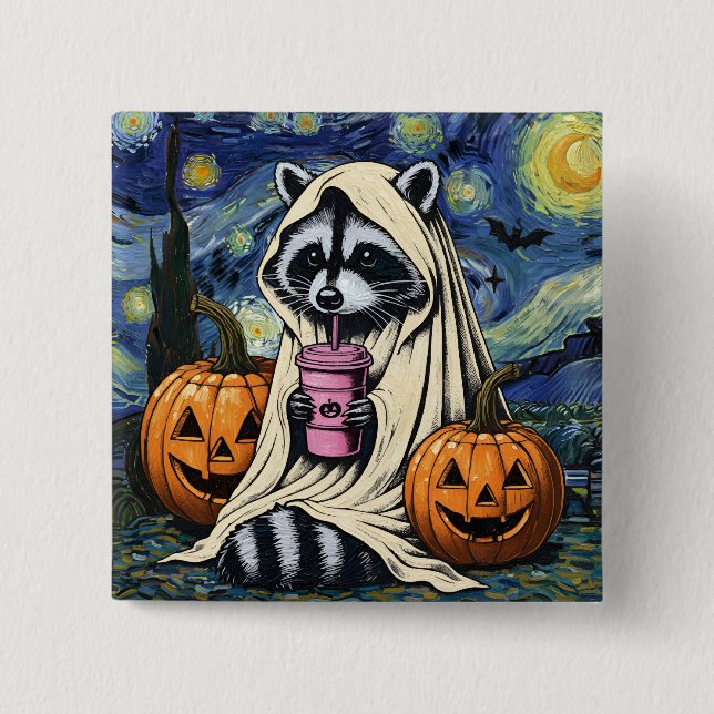 Fall Halloween Ghost Pumpkin Raccoon Costume Spook Knapp (Framsida)