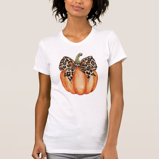 Fall Halloween Pumpkin Leopard Mönster Bow T Shirt (Framsida)