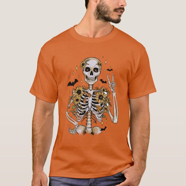 Fall Halloween Skeleton Orange T Shirt (Framsida)