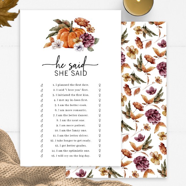 Fall Han sa Hon sa-leken (Fall Bridal He Said She Said Game Fall In Love Bridal Shower Pumpkin Florals by Painted Paperie)