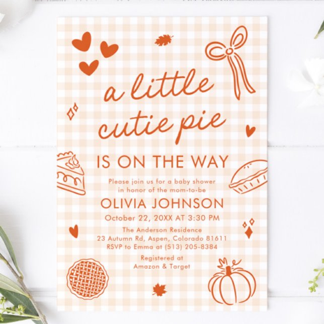 Fall Hand plockade A Little Cutie Paj Baby Shower Inbjudningar (Fall Hand Drawn A Little Cutie Pie Baby Shower Invitation)