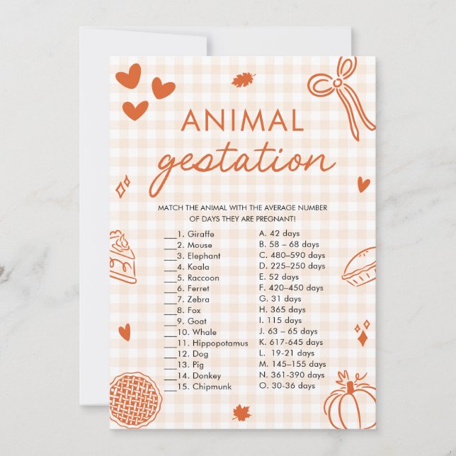 Fall Hand plockade Animal Gestation Baby Shower Ga Inbjudningar (Framsida)