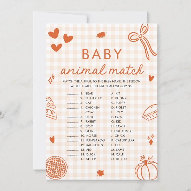 Fall Hand plockade Baby djur Match Baby Shower Gam Inbjudningar (Framsida)