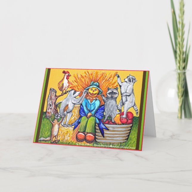 Fall Harvest Farm Raccoons Skapar Fågelskrämma Car Kort (Framsida)