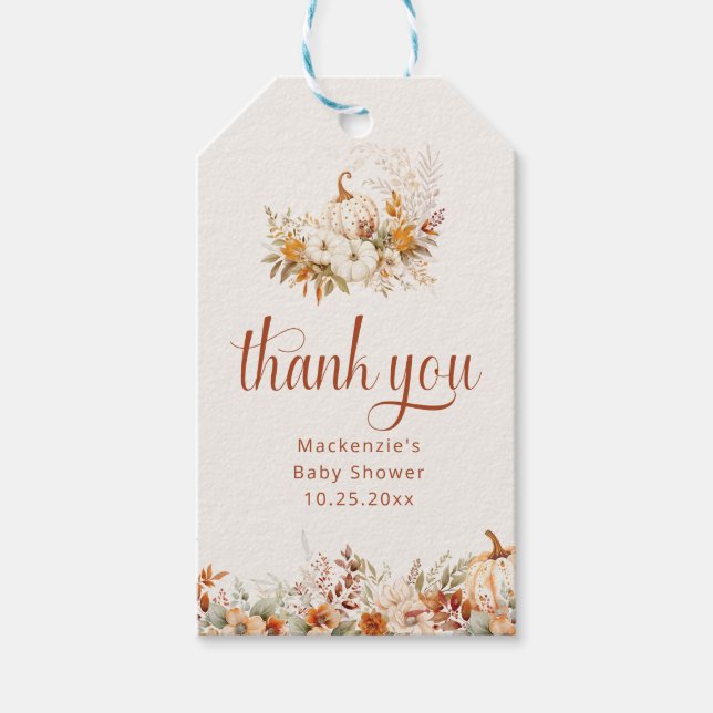 Fall Harvest Pumpkin Baby Shower Tack Favor Presentetikett (Framsidan)