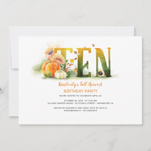 Fall Harvest Pumpkins 10 Födelsedagsfest inbjudan (Framsida)