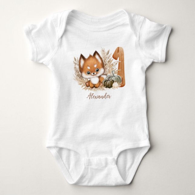 Fall Höst 1:a födelsedag Cute Fox Baby Bodykostym T Shirt (Framsida)