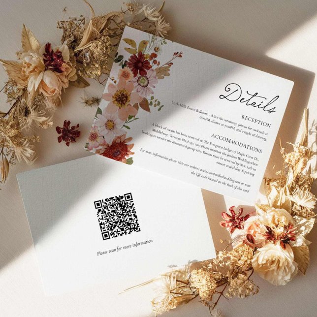 Fall Höst Blommig Bröllopskort med QR-kod Tilläggskort (Fall Wildflower Country Wedding Details Card)