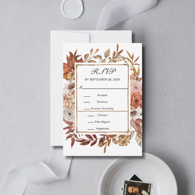 Fall Höst löv Blommigt Formellt Elegant bröllop OSA Kort (Fall Autumn Rust Terracotta Floral Botanical Wedding RSVP card)