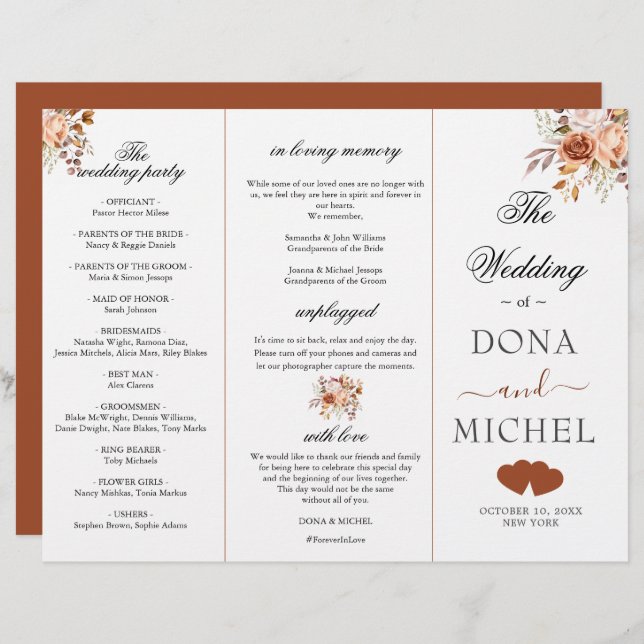 Fall Höst löv Boho Bröllopsprogram (Fram/baksida)