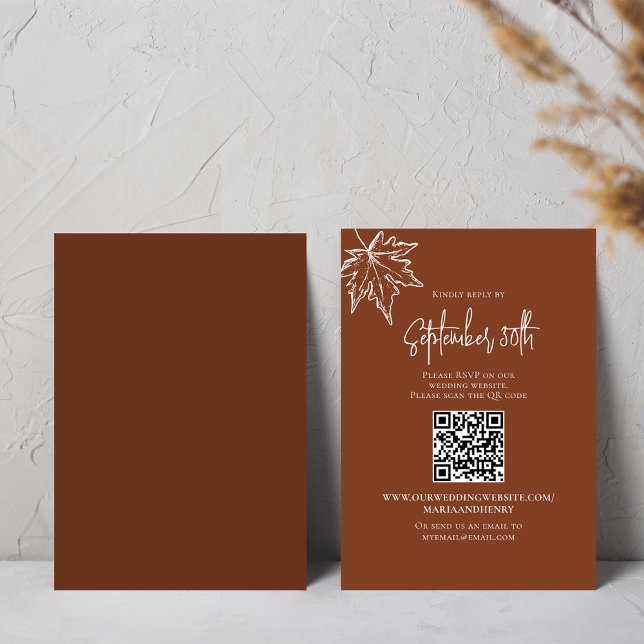 Fall Höst löv Bröllop OSA QR-kod Kort (Burgundy fall leaves RSVP enclosure card template.)
