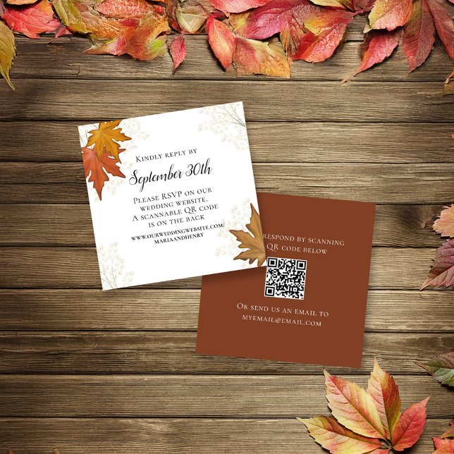 Fall Höst löv Bröllop OSA QR-kod Tilläggskort (Fall autumn leaves wedding RSVP card in a simple 2.5" square card.)
