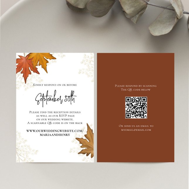 Fall Höst löv Bröllop QR-kodens OSA Kort (Fall watercolor leaves elegant RSVP card.)