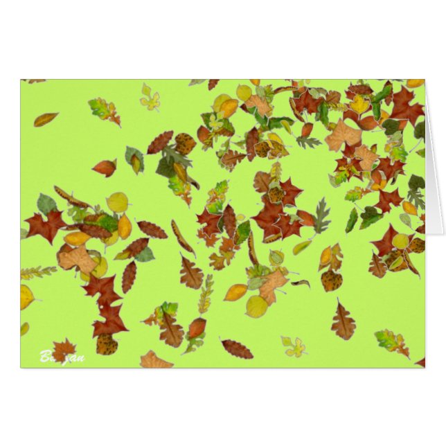 FALL / HÖST LÖV, Grönt Hälsningskort (Framsidan Horizontal)