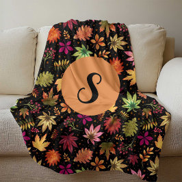 Fall Höst löv Mönster på svart med Monogram Fleecefilt