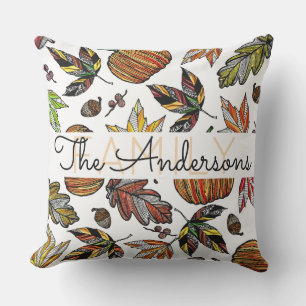 Fall Höst löv Pumpkin Acorns Family Monogram Utomhuskudde
