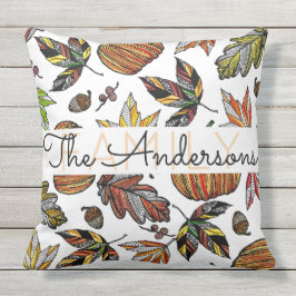 Fall Höst löv Pumpkin Acorns Family Monogram Utomhuskudde