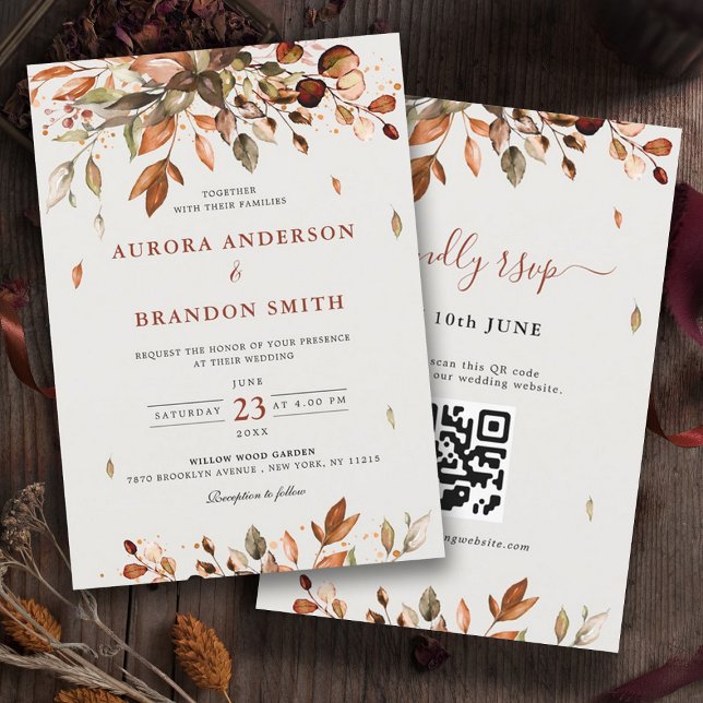 Fall Höst löv Rustic Land Boho Bröllop i Inbjudningar (Fall Autumn leaves wedding invitation with QR code RSVP on back)