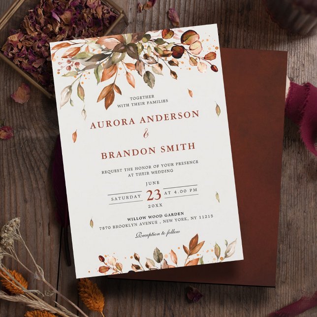 Fall Höst löv Rustic Land Boho Bröllop i Inbjudningar (Autumn, fall leaves wedding invitation)