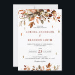 Fall Höst löv Rustic Land Boho Bröllop i Inbjudningar<br><div class="desc">Elegant Rustic land faller bröllopsinbjudan med brun,  röd,  orange,  grönt eucalyptus löv. Kontakta mig om du behöver hjälp med anpassning eller om du behöver någon annan produkt med den här designen.</div>