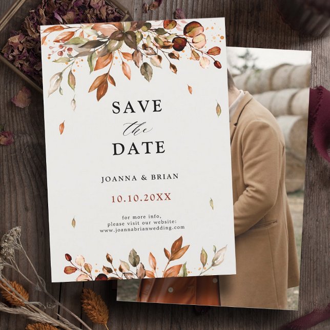 Fall Höst löv Rustic Land Boho Photo Spara Datumet (Fall autumn leaves photo save the date.)