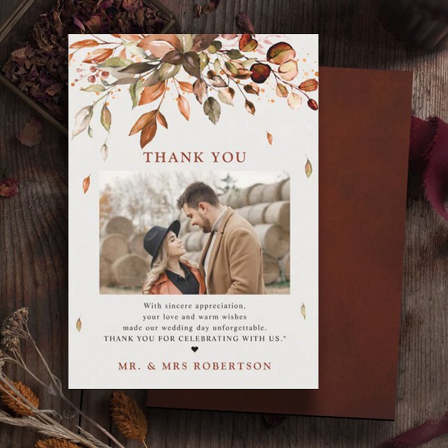 Fall Höst löv Rustic Land Photo bröllop Tack Kort (Fall Autumn leaves photo wedding thank you card)