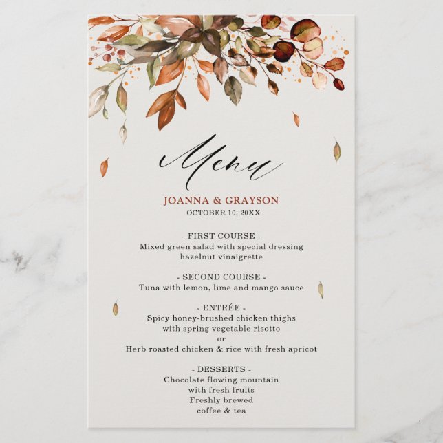 Fall Höst löv Rustic Landsbyggsbröllop Menu (Framsida)