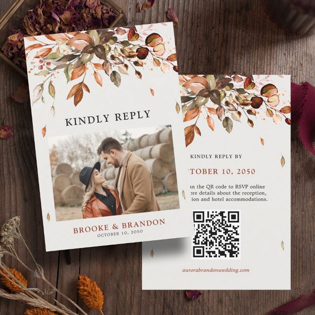 Fall Höst löv Rustic Landsbyggsbröllop QR-kod OSA Kort (Fall Autumn wedding QR code RSVP card)